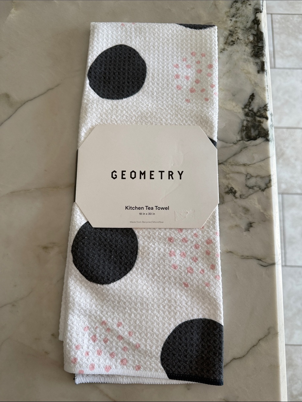 Geometry Kitchen Tea Towel - White with Black and Pink Dot Design